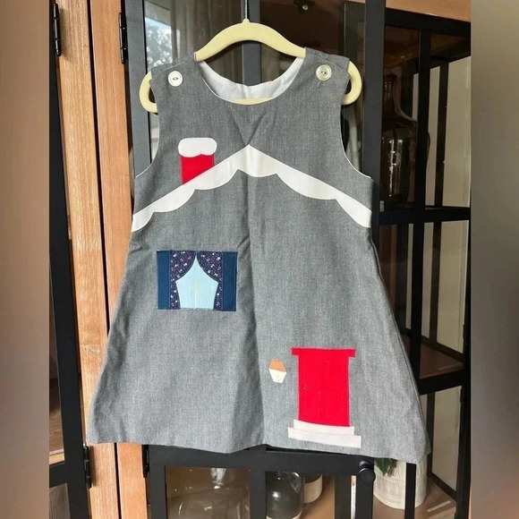 Vintage 80s toddler dress chocolate soup appliqué embroidered house shift jumper - Picture 2 of 15